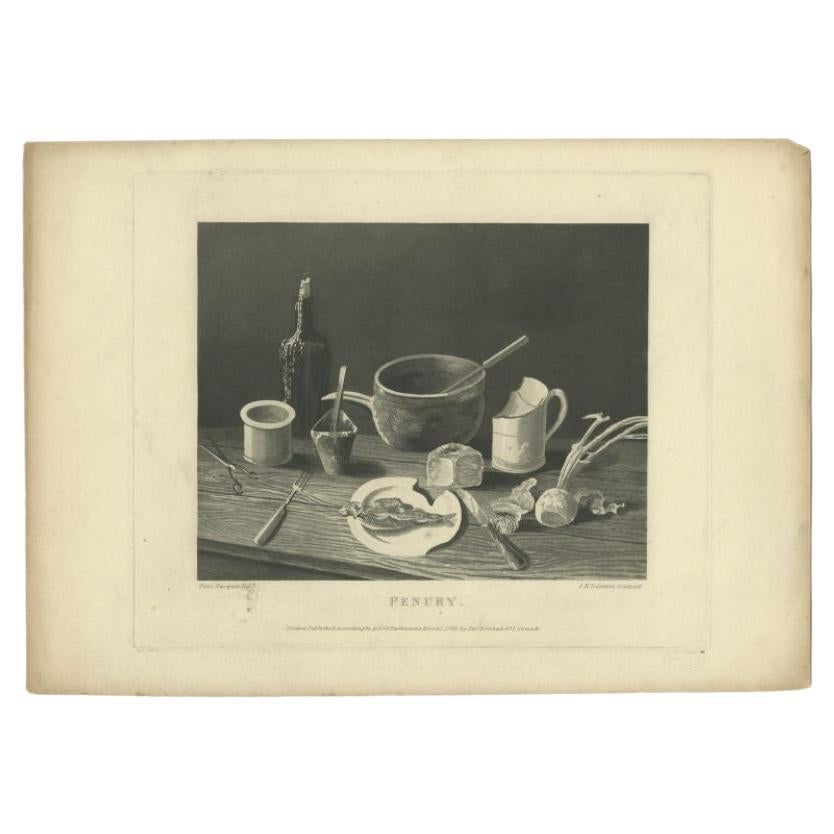 Antique print titled 'Penury'. Depicting a table with, cutlery, pottery and little food. Made by J.M. Delattre after Peter Pasquin. Published in London, 1796. Penury is a synonym for the state of being very poor; extreme poverty.

Artists and