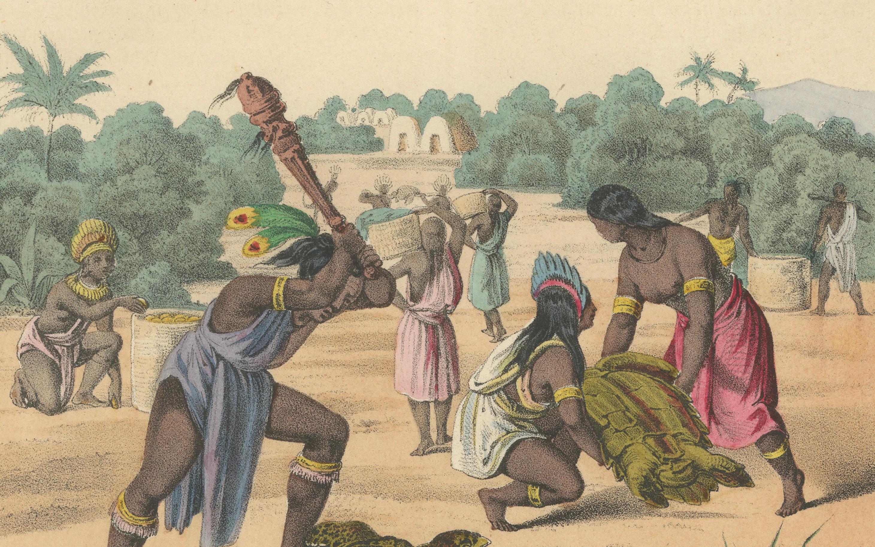 Paper Antique Print – Turtle Hunting Scene in India, Hand-Colored Lithograph, 1857 For Sale