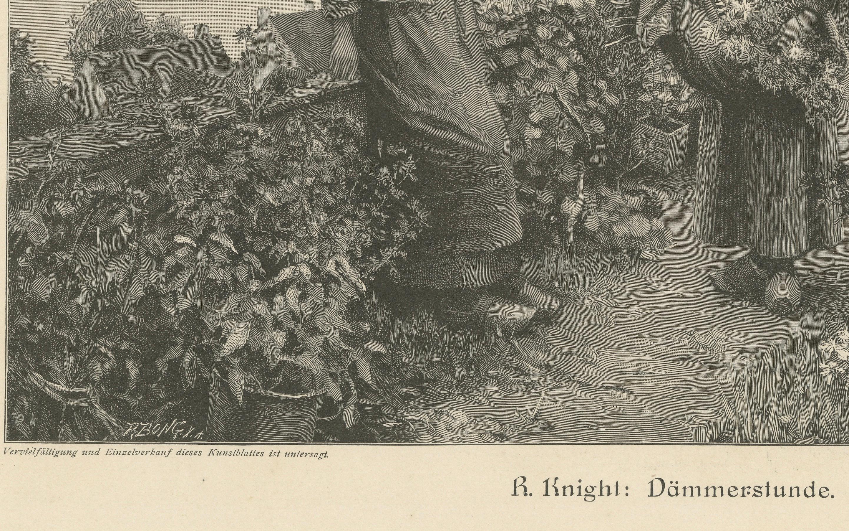 Grabado antiguo Twilight Hour de R. Knight, Escena rural alemana , ca.1900 Fines del siglo XIX en venta