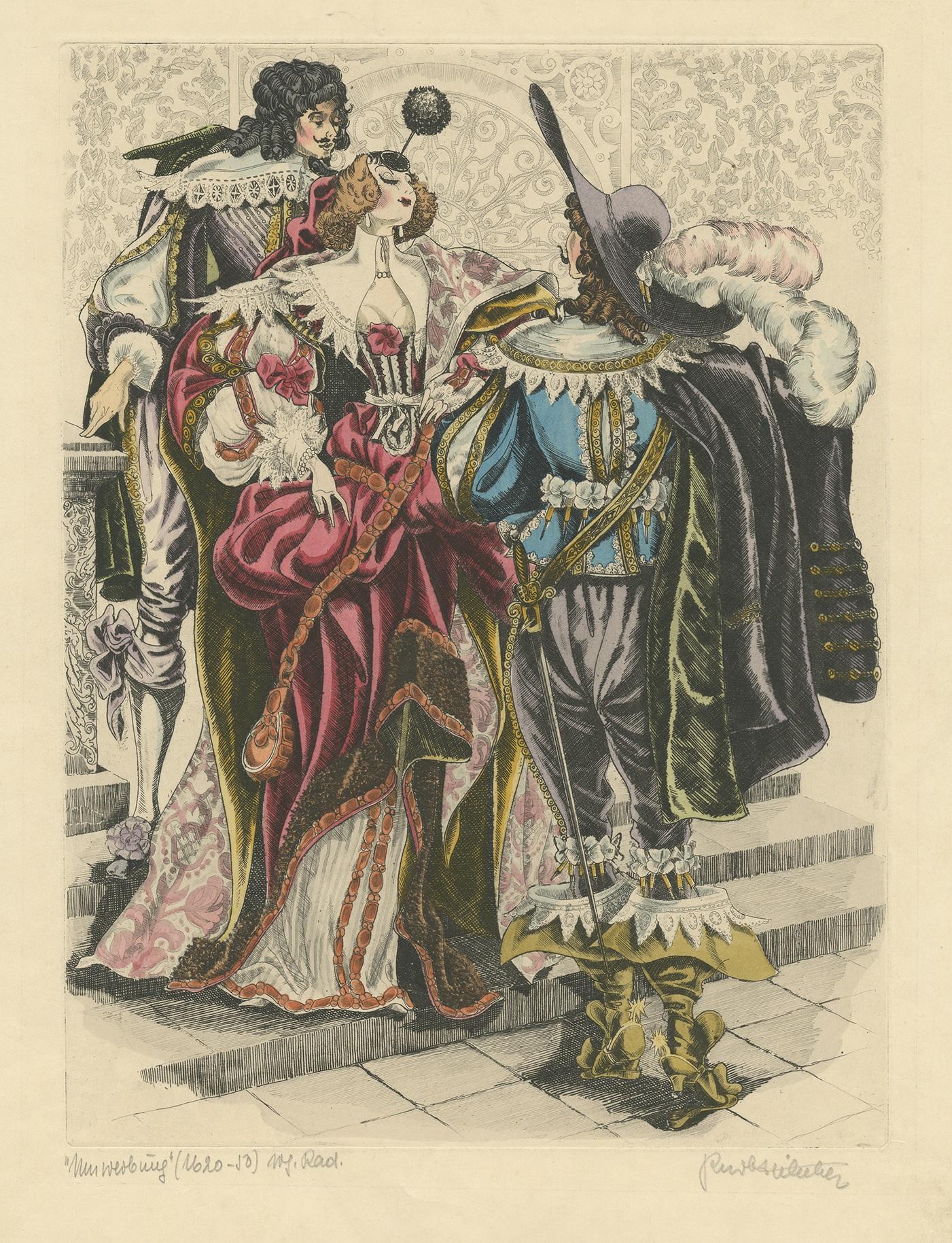 Antique print titled 'Umwerbung' (1620-1650). Signed print of Hilscher's unique take on romance. Kurt Hilscher (1904–1980) was a German commercial illustrator. Hilscher studied in 1924–1926 at the Dresden Academy of Fine Arts under Max Frey and in
