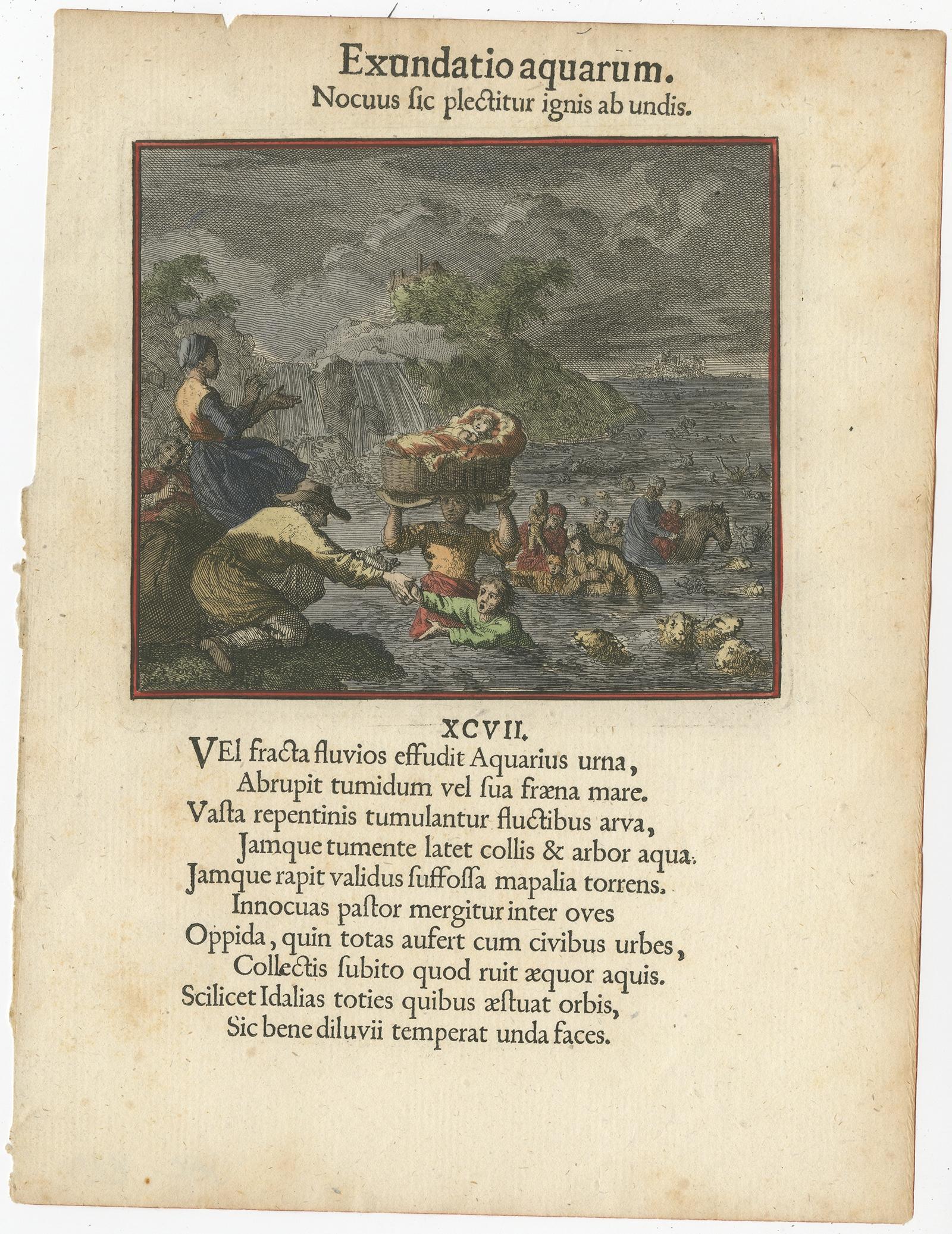 Stampa antica intitolata 'Exundatio aquarum Nocuus sic plectitur ignis ab undis'. 

Vista di persone e animali che vengono salvati dal mare. Questa stampa proviene da 