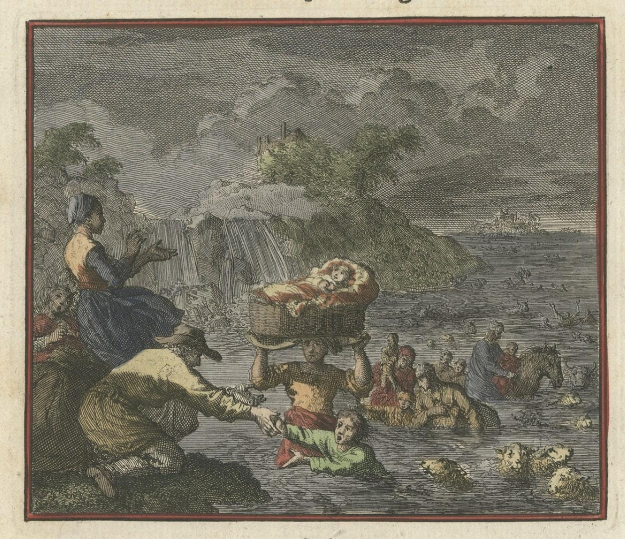 Stampa antica Veduta di persone e animali che vengono salvati dal mare, 1700 ca. In condizioni buone in vendita a Langweer, NL