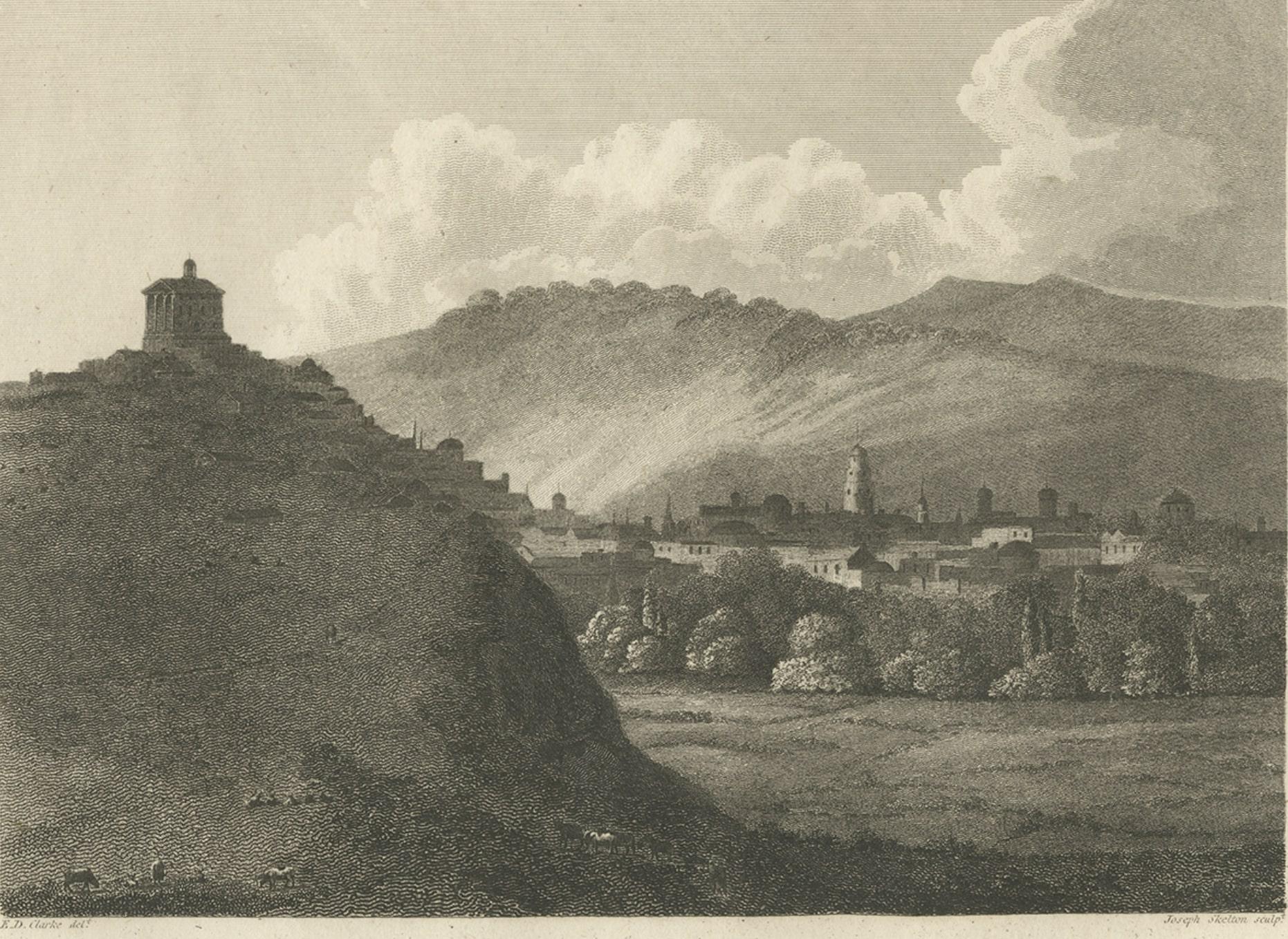 Antique print titled 'View of Tula, the Sheffield of Russia, in the approach from Moscow'. View of Tula, Russia. This print originates from 'Travels in Various Countries of Europe, Asia and Africa' by Edward Daniel Clarke.

Original antique
