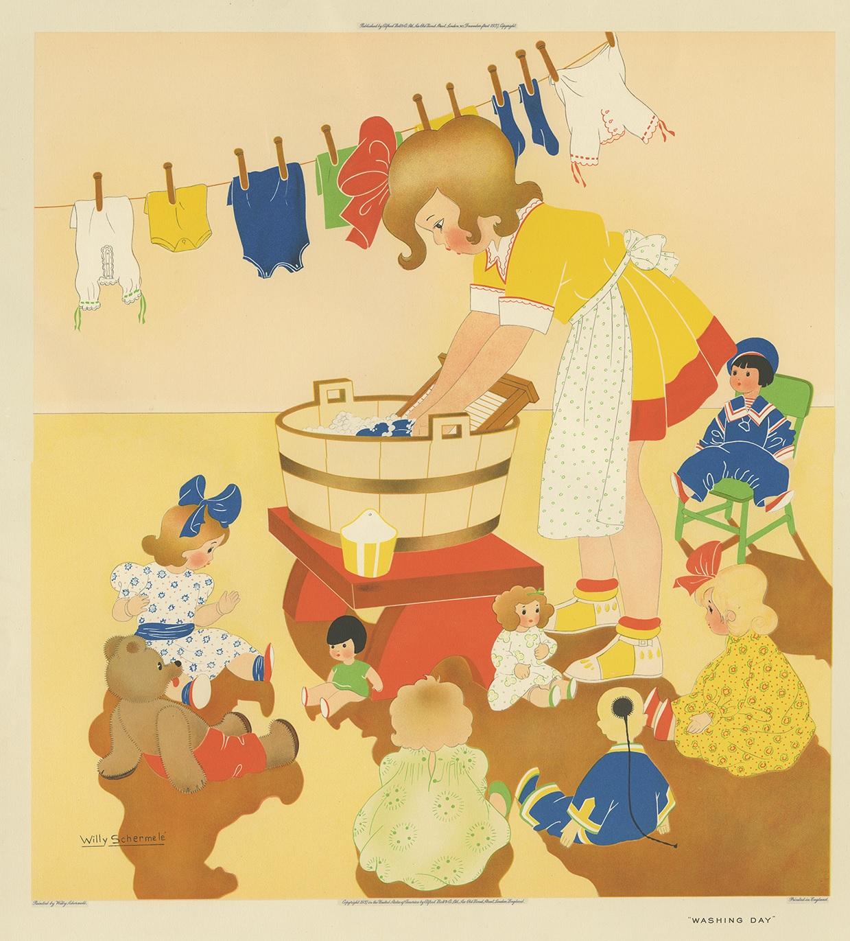 Antique print titled 'Washing Day'. This print depicts a child playing with her dolls, doing the laundry. Created by Willy Schermelé, a Dutch illustrator for women and children. Printed in England.