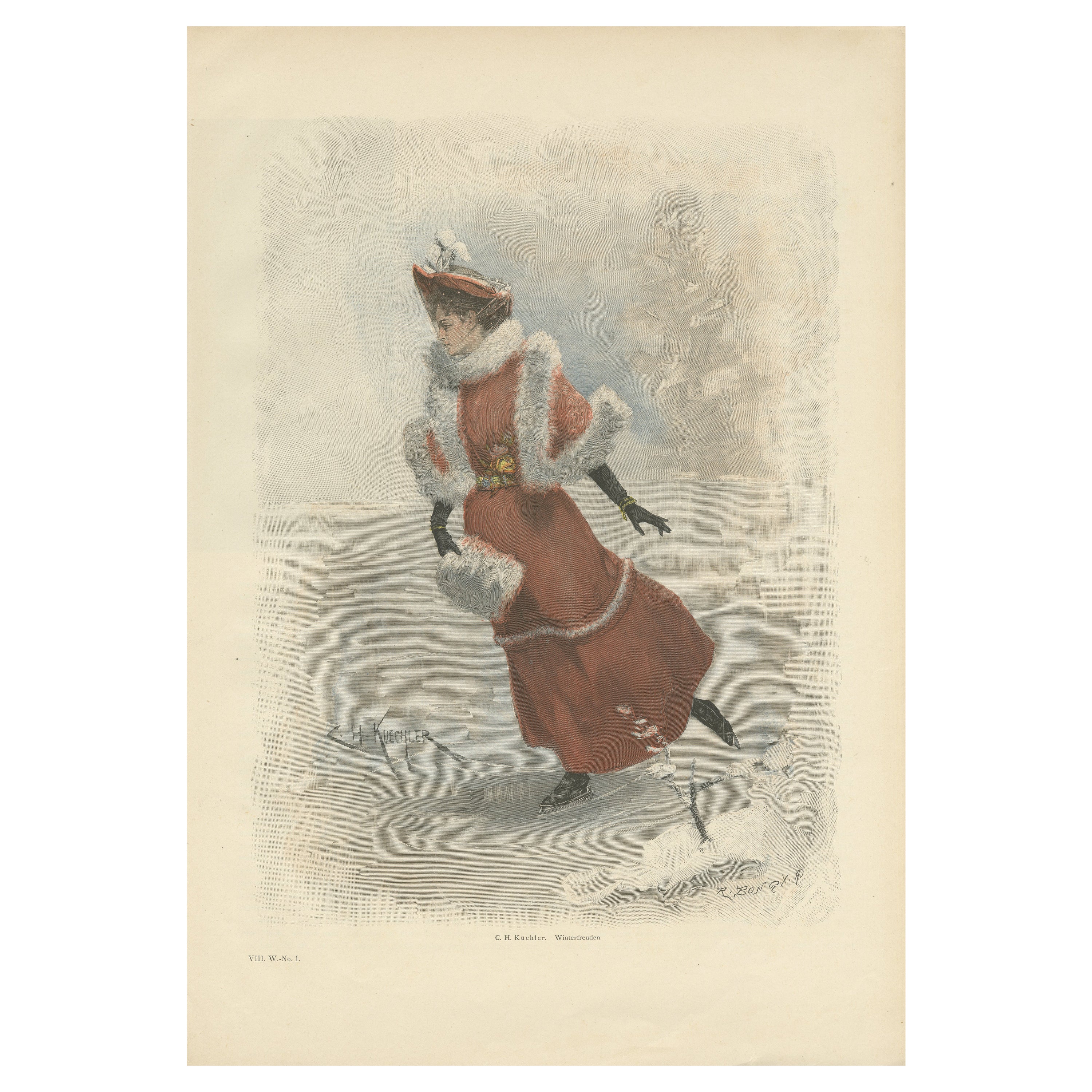 Antiker Druck 'Winterfreuden' nach Küchler 'ca.1895'