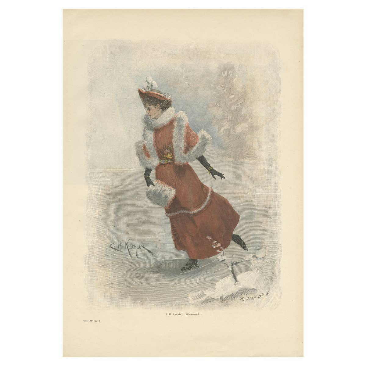 Antique Print 'Winterfreuden' after Küchler 'c.1895'