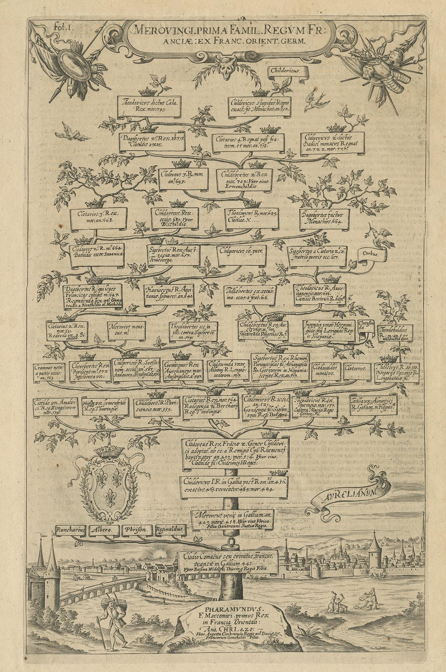 Antique print titled 'Merovingi prima Famil Regum Franciae (..)'. Very decorative family tree of the Merovingian kings of France. Below, a view of Orléans. Originates from 'Principium christianorum stemmata' by A. Albizzi, a large work with