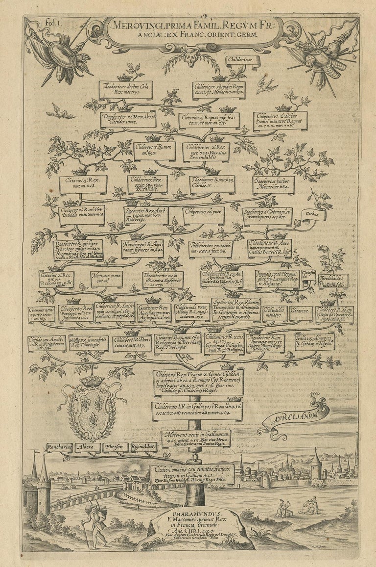 Antique print titled 'Merovingi prima Famil Regum Franciae (..)'. Very decorative family tree of the Merovingian kings of France. Below, a view of Orléans. Originates from 'Principium christianorum stemmata' by A. Albizzi, a large work with