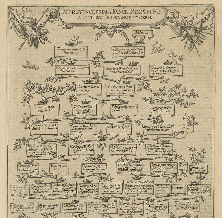 Antique Print with a Family Tree of the Merovingian Kings of France 'circa 1627' In Good Condition For Sale In Langweer, NL