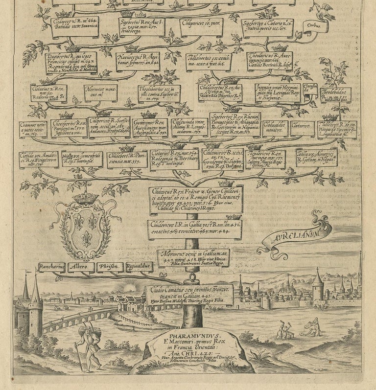 17th Century Antique Print with a Family Tree of the Merovingian Kings of France 'circa 1627' For Sale