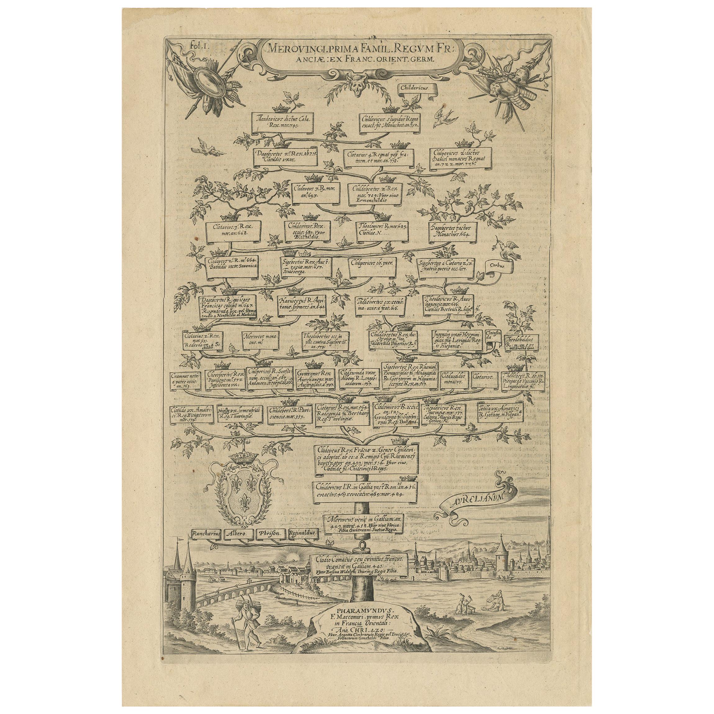 Antique Print with a Family Tree of the Merovingian Kings of France 'circa 1627'