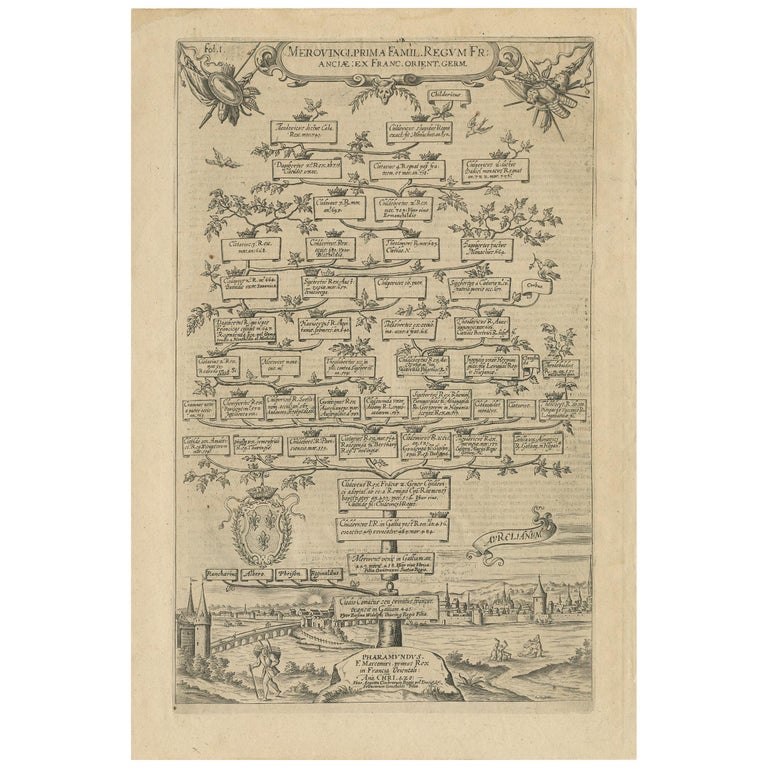 Antique Print with a Family Tree of the Merovingian Kings of France 'circa 1627' For Sale