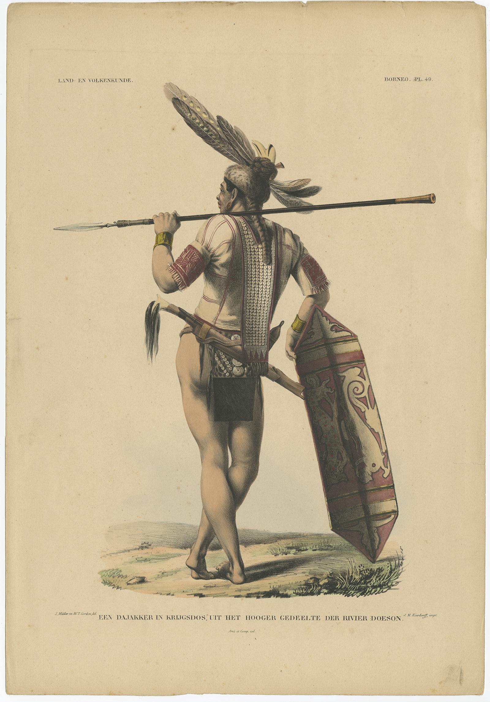 Antique Print with a Native of Borneo ‘Indonesia’ by Temminck, circa 1840 In Good Condition For Sale In Langweer, NL