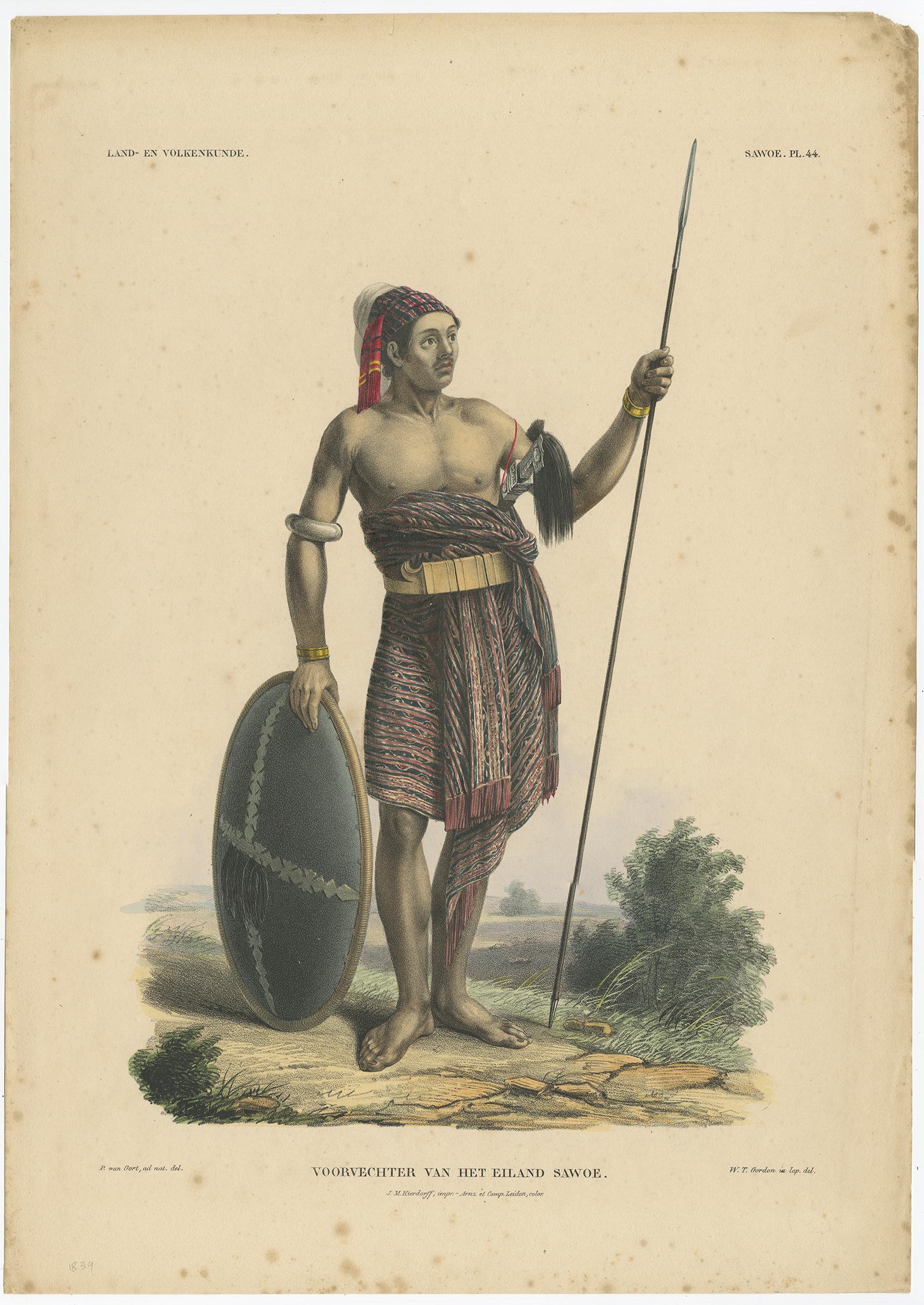 Grabado antiguo con un nativo de Sawu 'Indonesia' por Temminck, hacia 1840 en Bueno estado para la venta en Langweer, NL