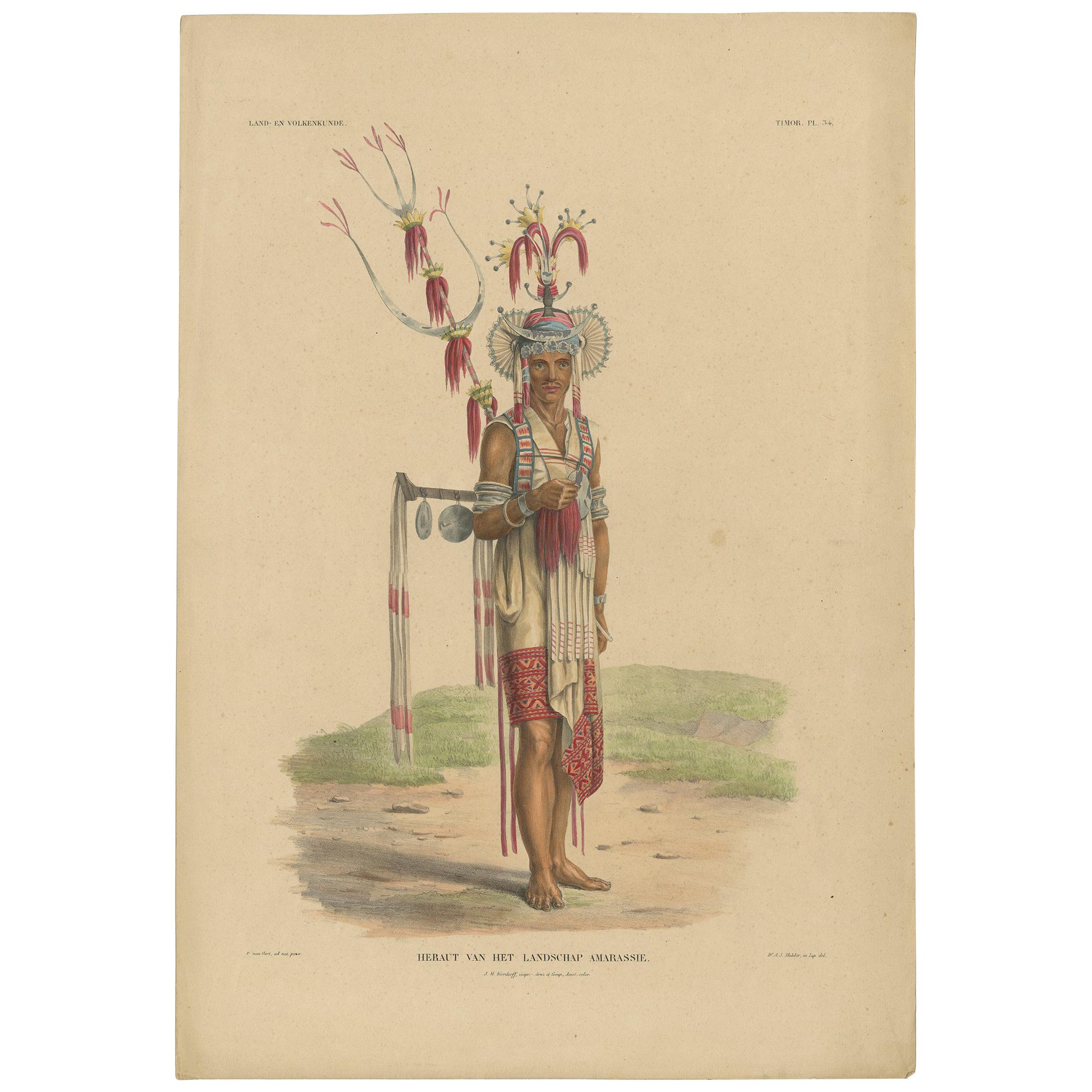 Grabado antiguo con un nativo de Timor 'Indonesia' por Temminck, circa 1840