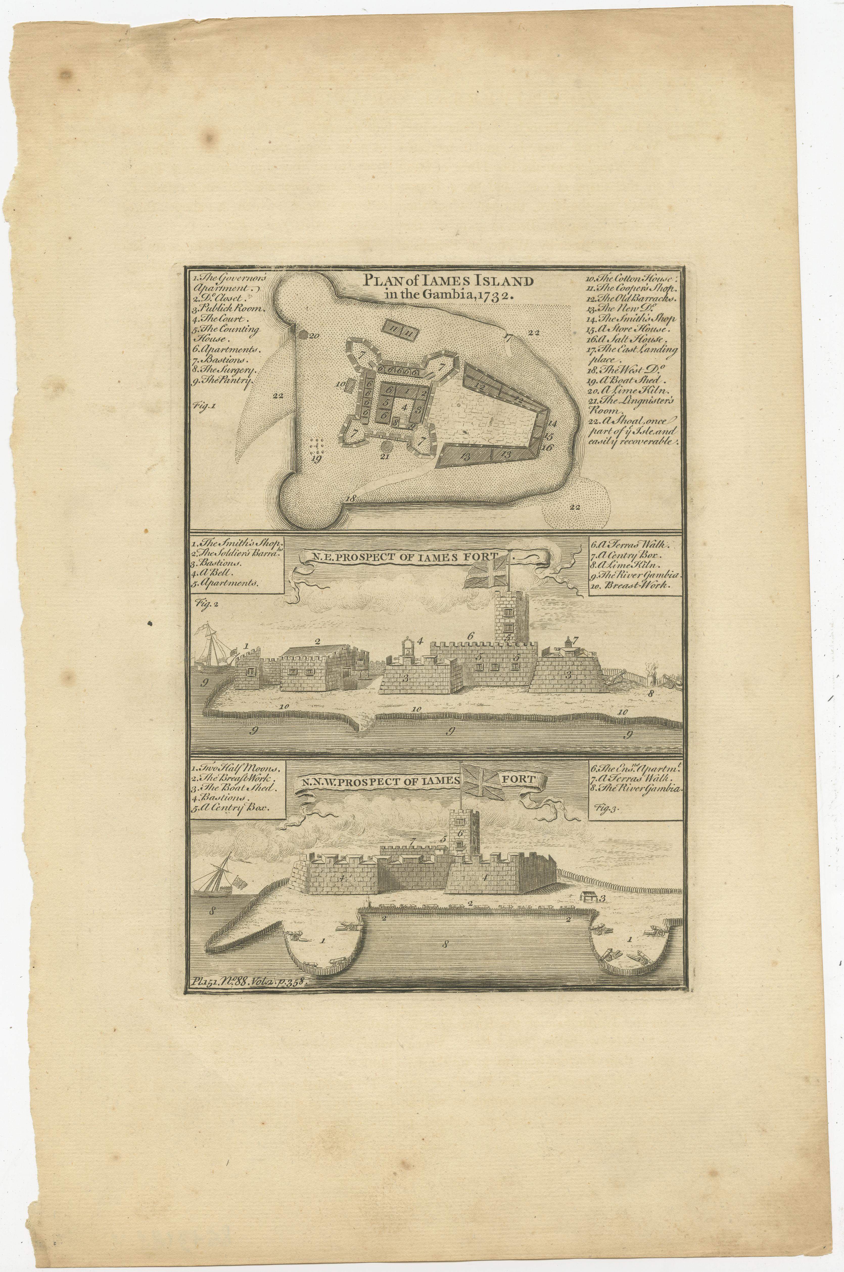 Antique print titled 'Plan of Iames Island in the Gambia - N.E. Prospect of Iames Fort - N.N.W. Prospect of Iames Fort'. Print with a plan of Kunta Kinteh Island on the Gambia River in 1732 - View of Fort James from the north east - View of Fort