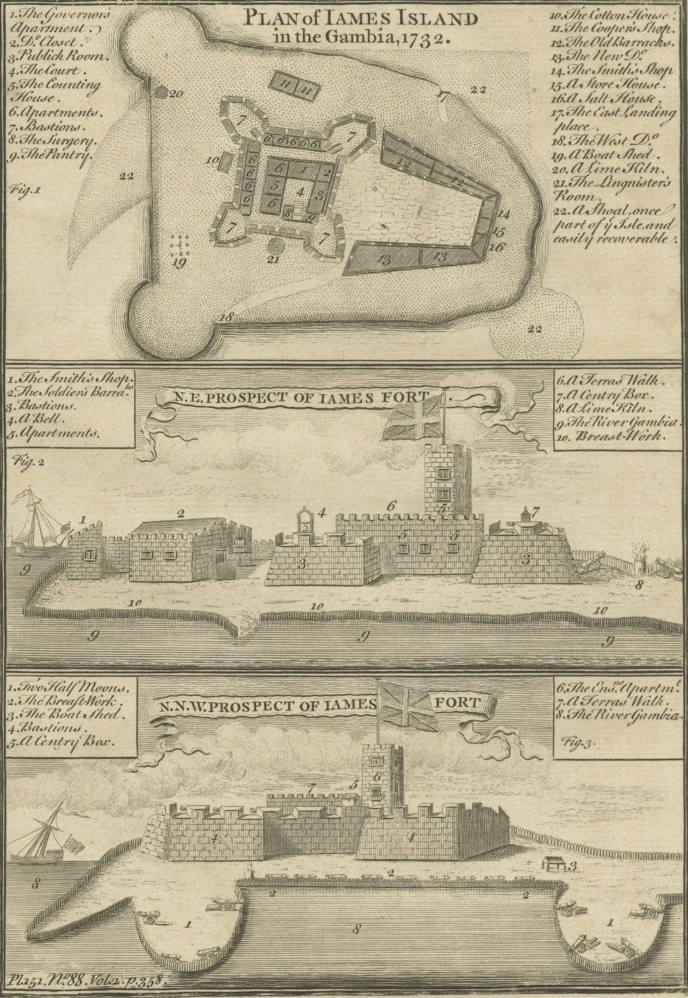 Engraved Antique Print with a Plan of Kunta Kinteh Island and views of Fort James, Gambia For Sale
