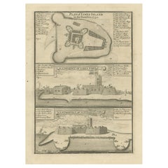 Impression ancienne avec un plan de l'île de Kunta Kinteh et des vues de Fort James, Zambie