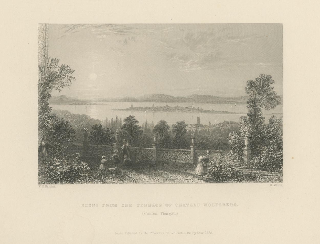 Antique Print of the Terrace of Château Wolfsberg, Switzerland, 1836 In Fair Condition For Sale In Langweer, NL
