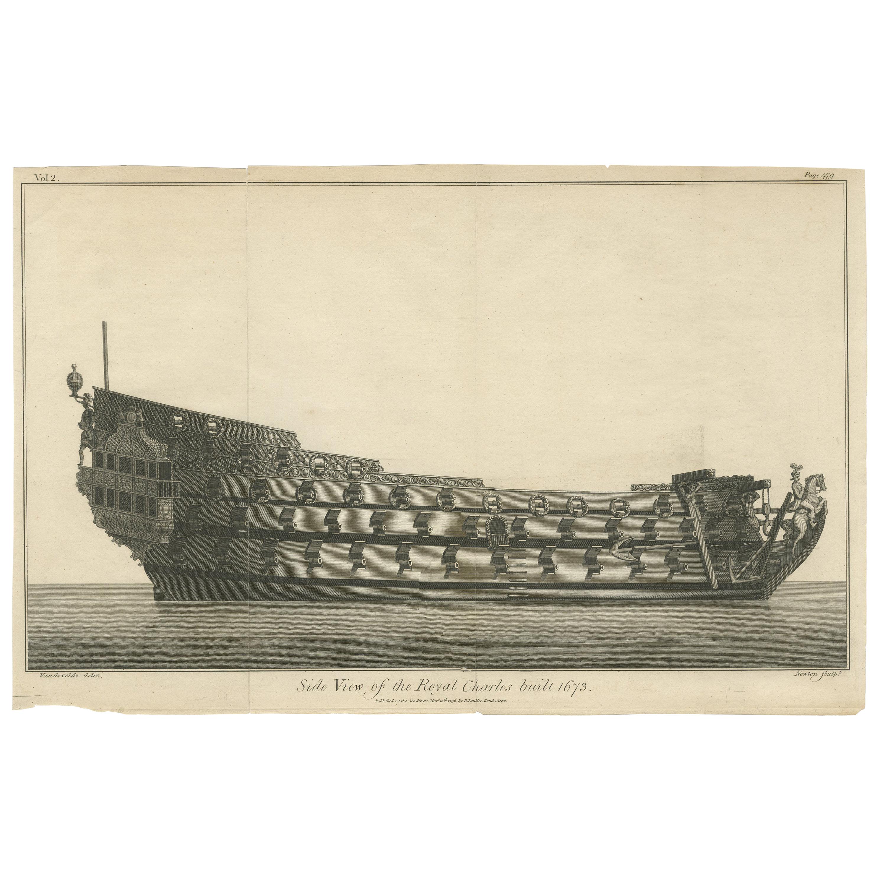 Antique Print with a Side View of the 'Royal Charles' Vessel by Newton '1796'