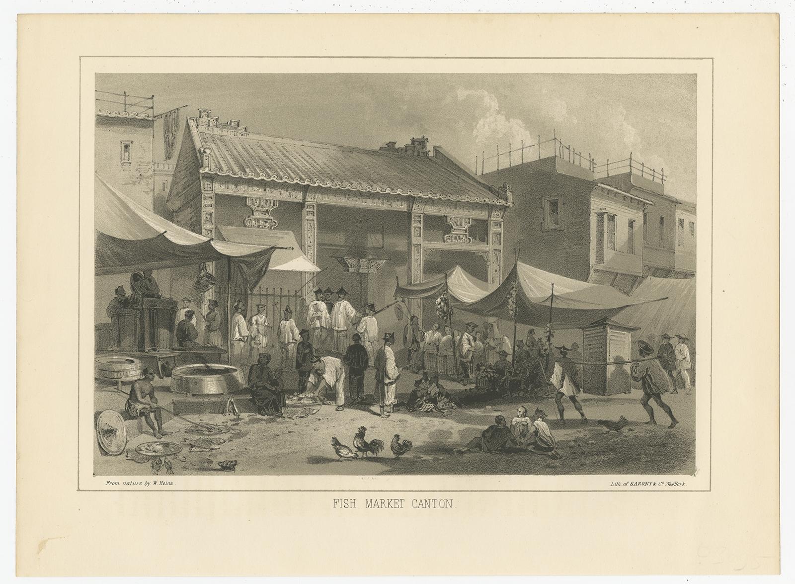 Description: Antique print titled ‘Fish Market Canton‘. 

View of a fish market in Guangzhou (Canton), China. This print originates from 'Narrative of the expedition of an American squadron to the China seas and Japan, performed in the years 1852,