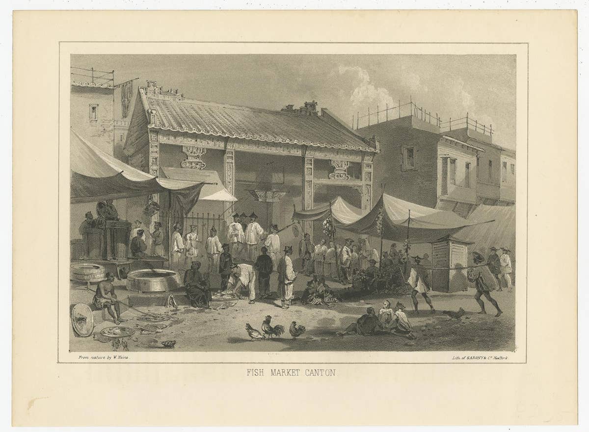 Antique Print with a View of a Fish Market in Guangzhou 'Canton', China, 1856