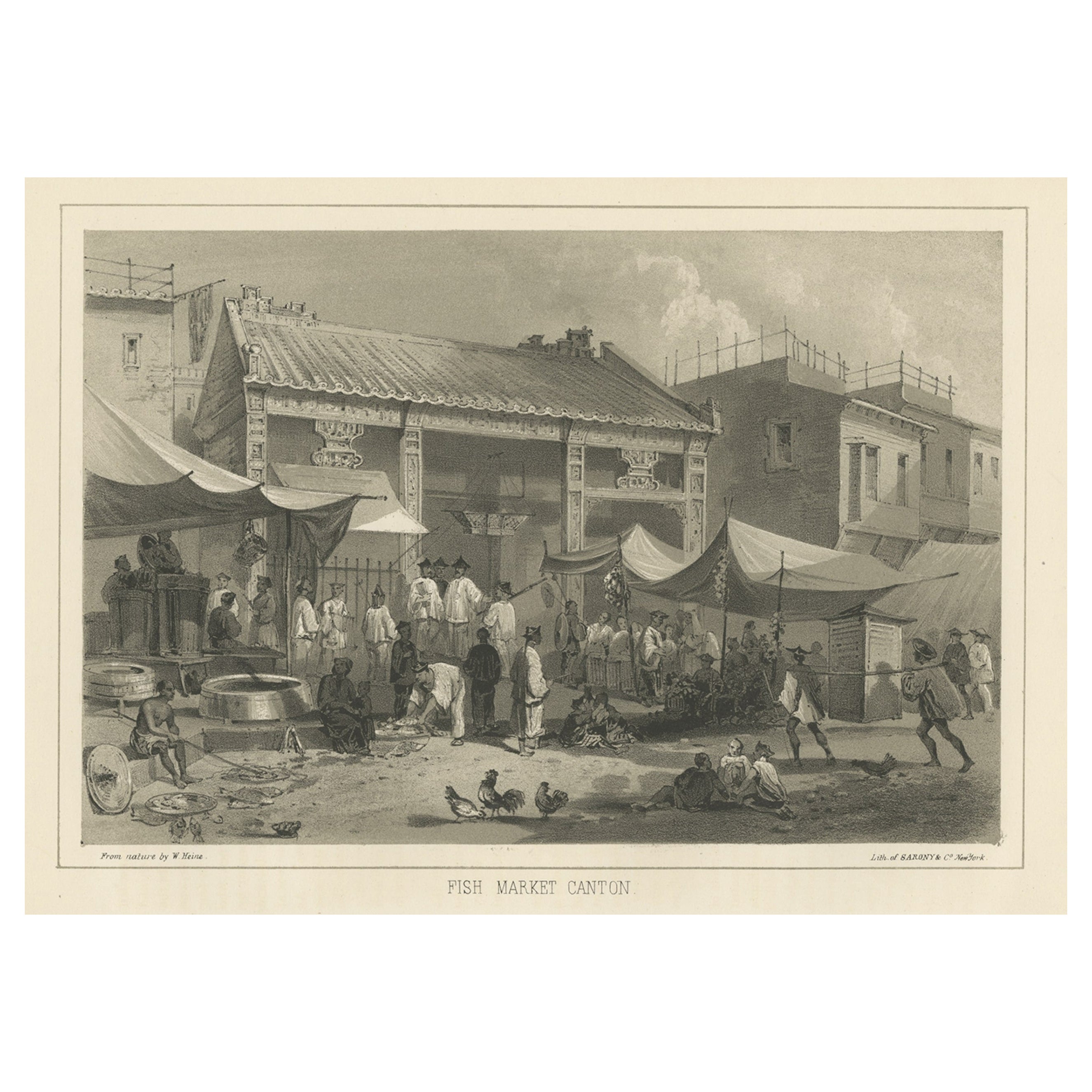 Impression ancienne avec une vue d'un marché à poissons à Guangzhou « Canton », Chine, 1856