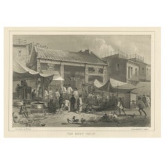 Impression ancienne avec une vue d'un marché à poissons à Guangzhou « Canton », Chine, 1856