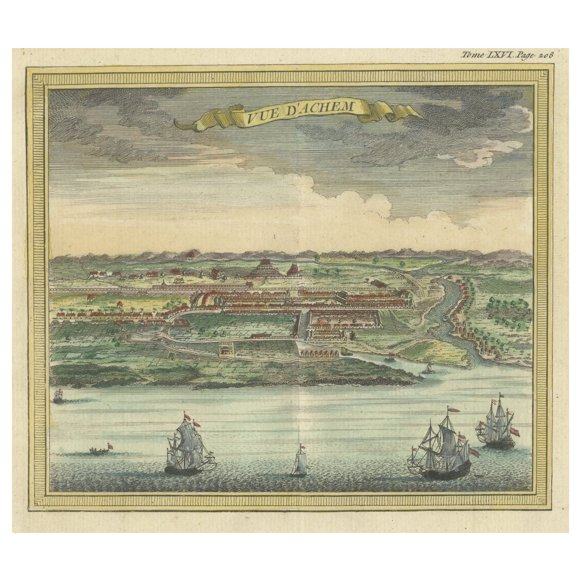Grabado antiguo con una vista de Aceh, Sumatra en Indonesia