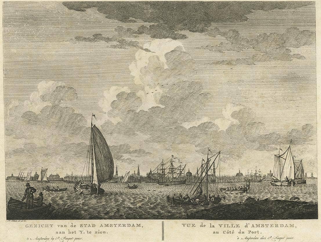 Antique Print with a View of Amsterdam from the IJ Dock by H. Schouten