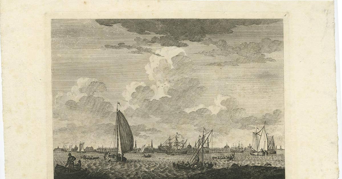 Antique Print with a View of Amsterdam from the IJ Dock by H. Schouten
