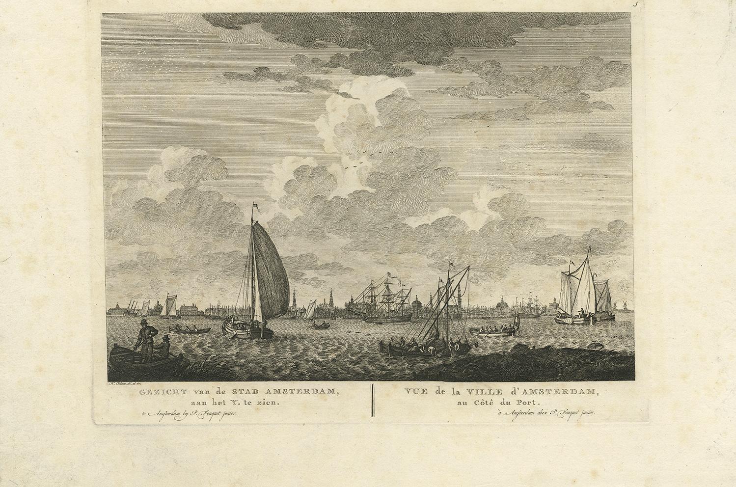 Antiker Druck mit einer Ansicht von Amsterdam aus dem Hafen von IJ von H. Schouten (18. Jahrhundert) im Angebot