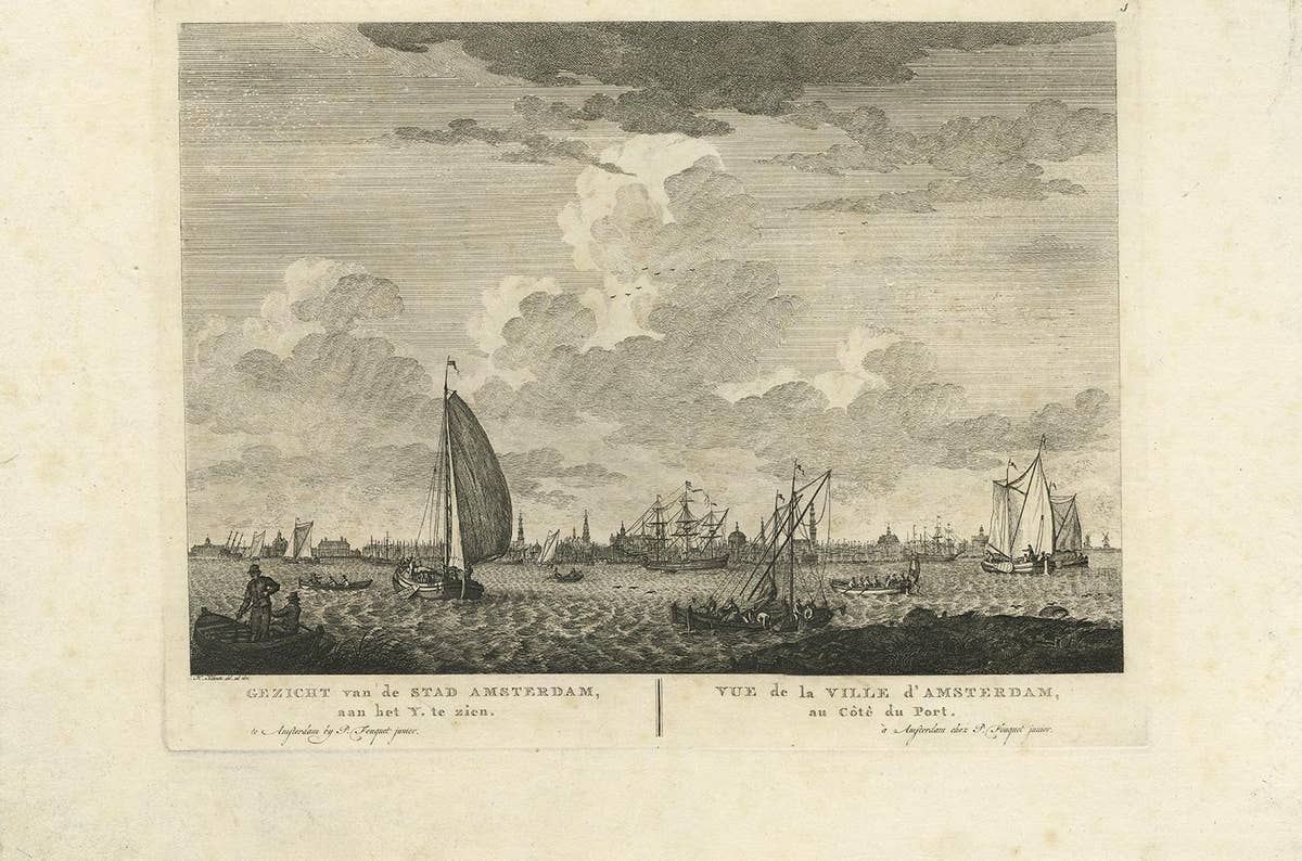 Antique Print with a View of Amsterdam from the IJ Dock by H. Schouten