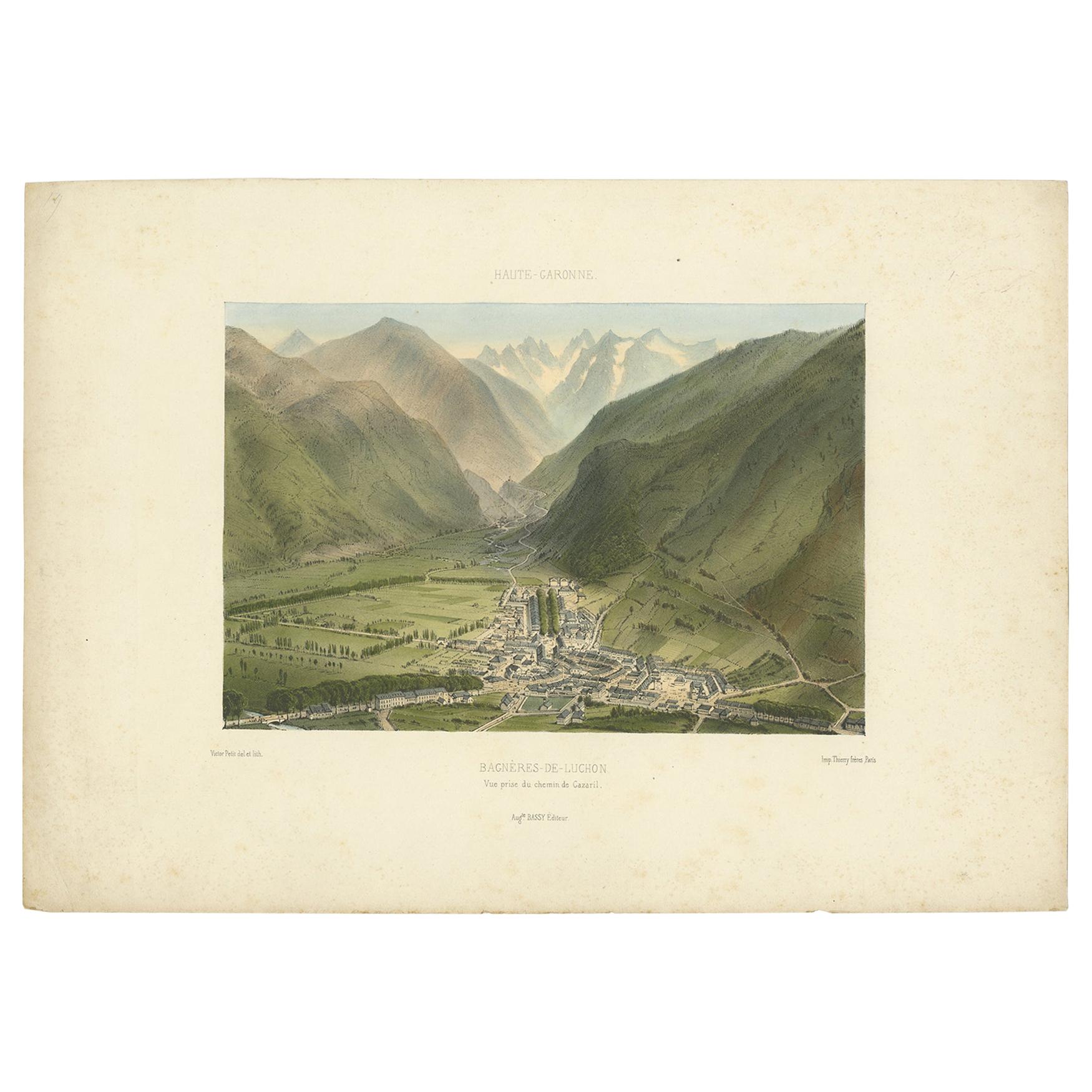 Impression ancienne avec une vue de Bagnres-de-Luchon par Bassy, vers 1890