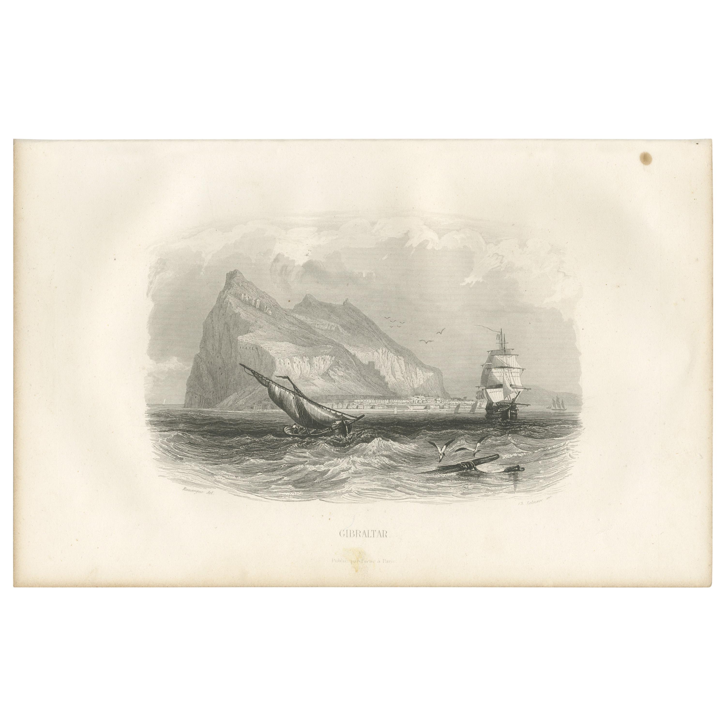 Antique Print with a view of Gibraltar by D'Urville (1853) For Sale