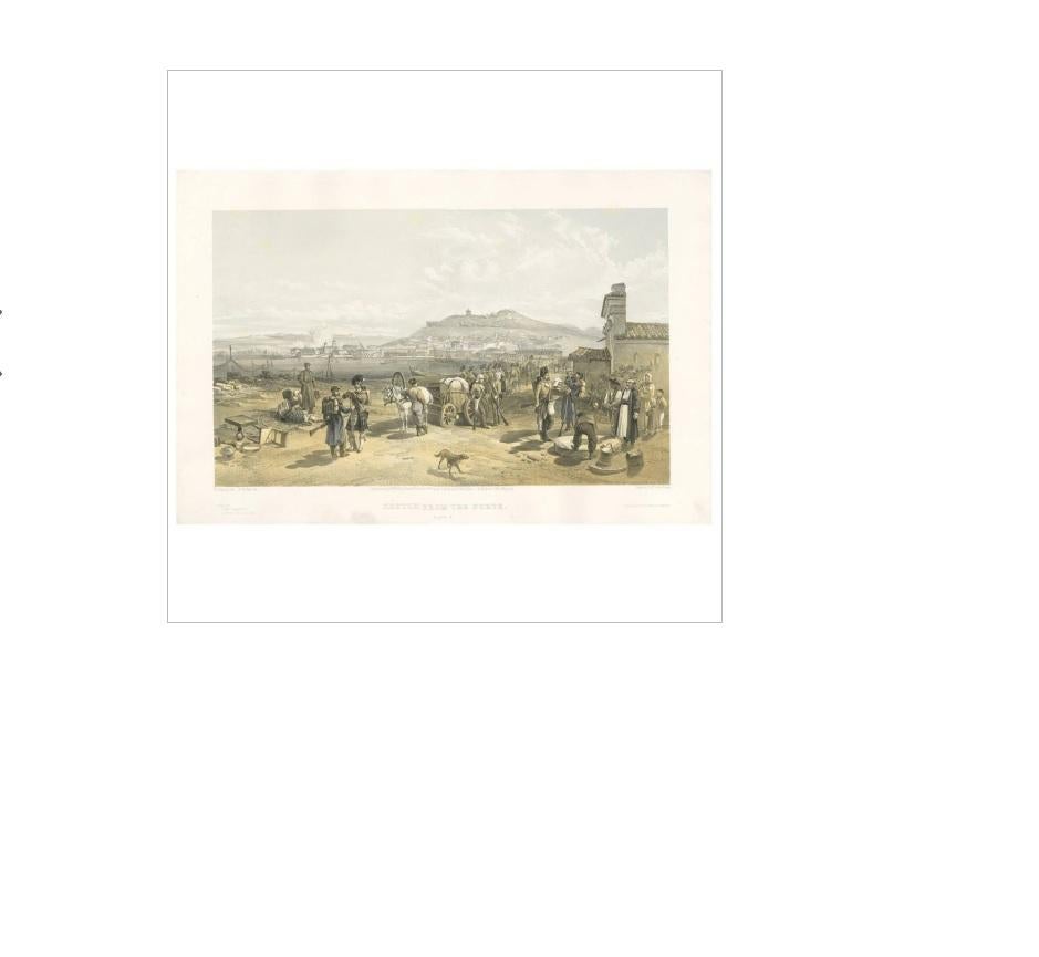 Antique print titled 'Kertch from the North, plate 3'. View of Kertch from the road to Yenikale, in the foreground a Tartar with a cart and a few soldiers, mainly in Highland dress. This print originates from 'The Seat of the War in the East' by W.