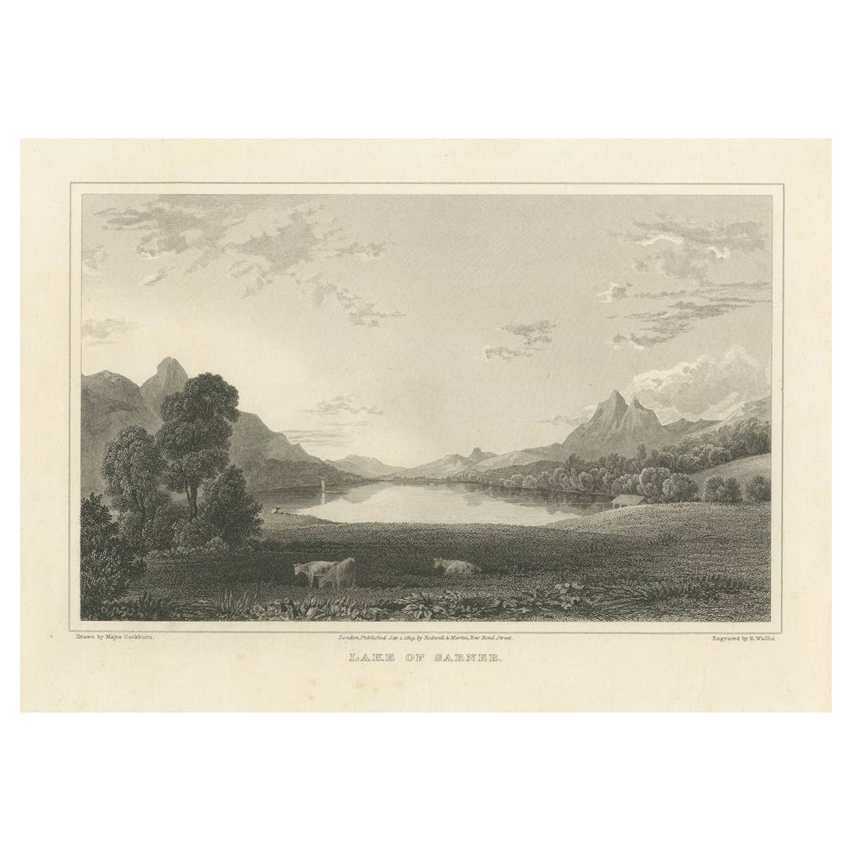 Antique Print with a View of Lake Sarnen, Switzerland