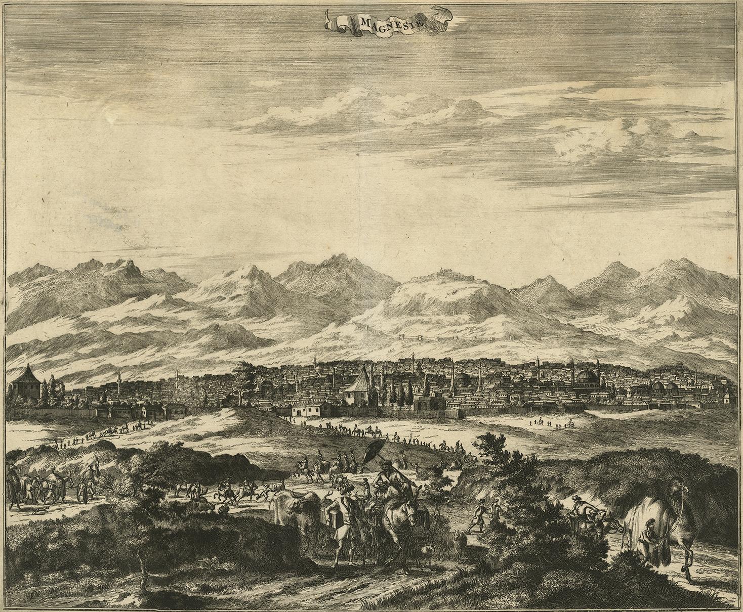An attractive view of the Turkish town of Magnesie with figures in local dress, camels and other animals in the foreground, all flocking to the town, with the city and its clearly identifiable domed mosques beyond. This copperplate view was first