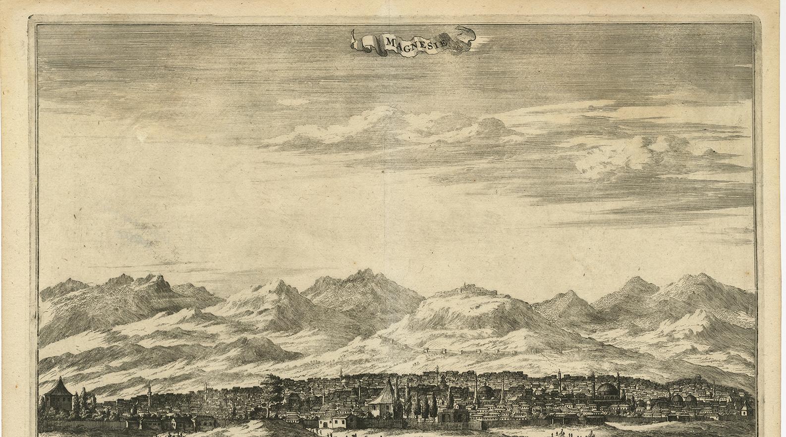 Antique Print with a View of Magnesie  in Turkey by O. Dapper, circa 1680 In Good Condition For Sale In Langweer, NL
