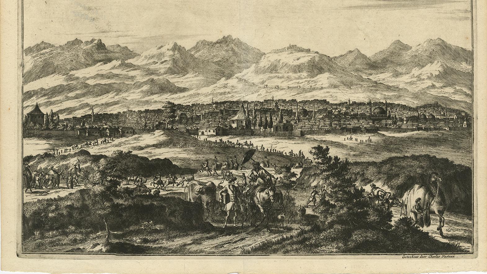 17th Century Antique Print with a View of Magnesie  in Turkey by O. Dapper, circa 1680 For Sale