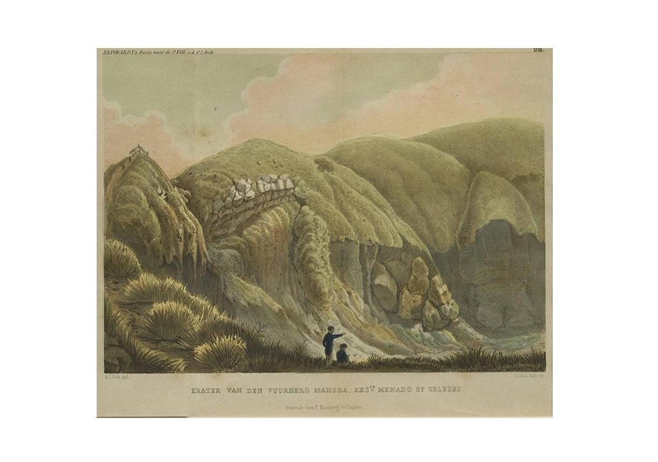 This print is titled 'Krater van een vuurberg Mahoba, Res[identie] Menado op Celebes' and is based on a drawing of A.J. Bik. It originates from Reinwardt's 'Reis naar het Oostelijk gedeelte van den Indischen Archipel (..).