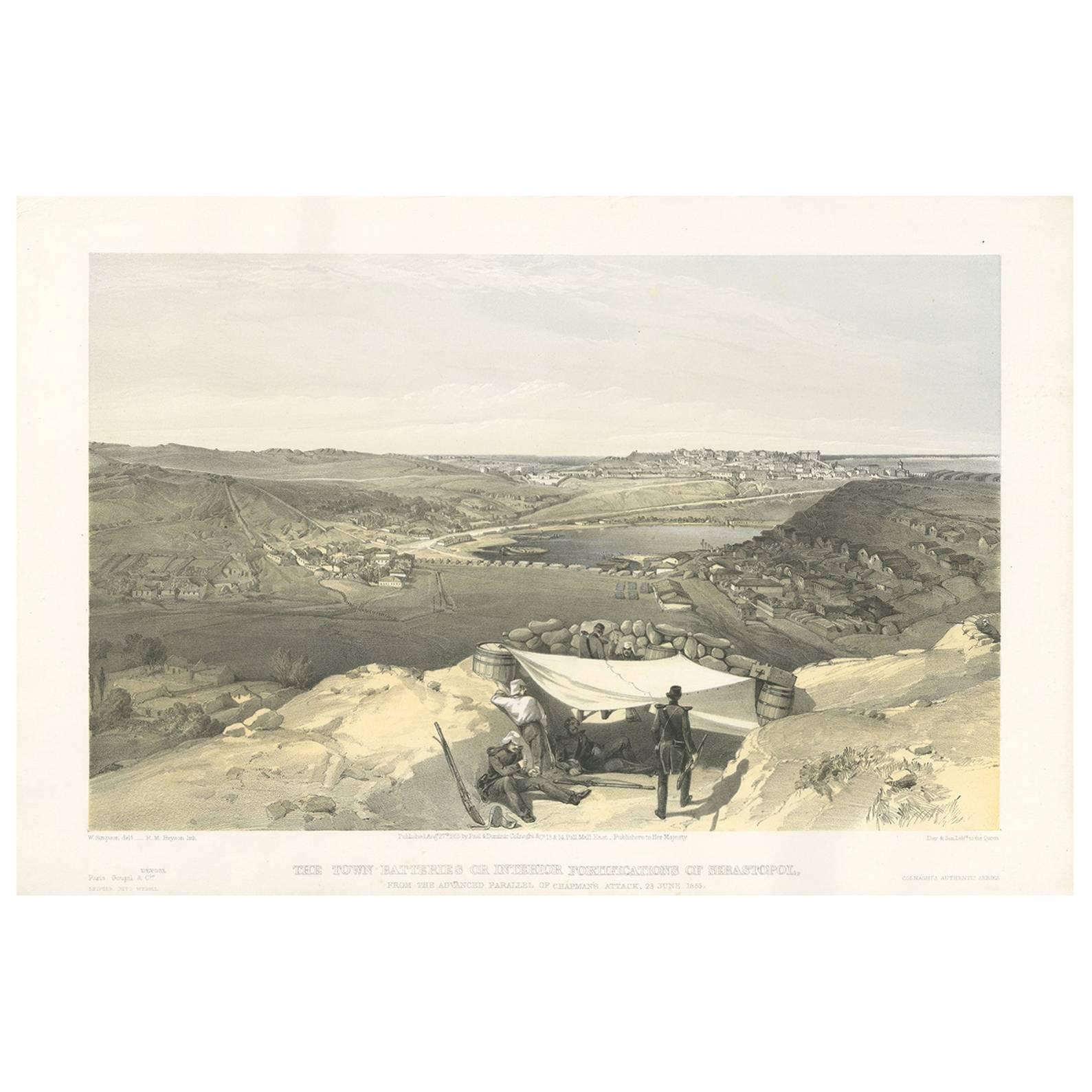 Impression ancienne avec une vue de la guerre de Sébastien de Sebastopol par W. Simpson, 1855