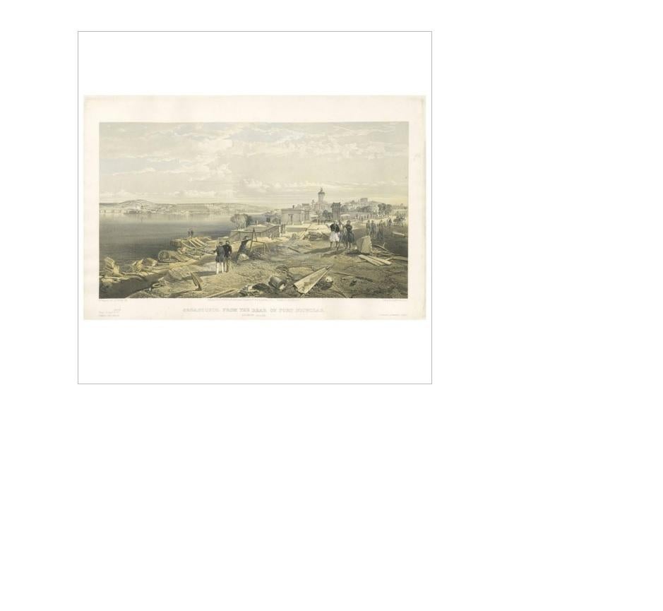 Antique print titled 'Sebastopol from the rear of Fort Nicholas, looking south'. View of Sevastopol' and the South Port from Fort Nicholas during the occupation by French and British forces after the Russians abandoned the city. This print