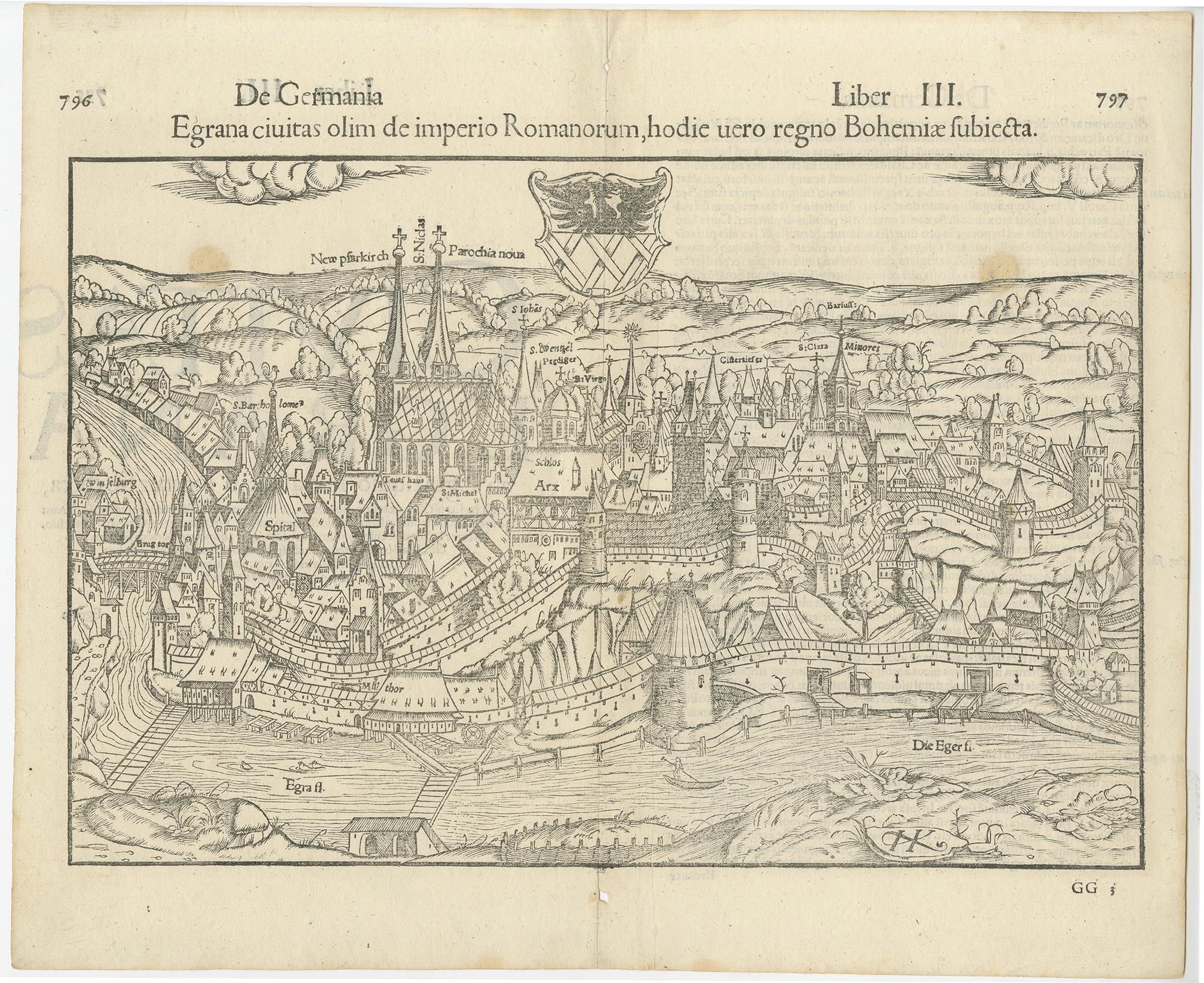 Antique Print with a View of the City of Eger 'Cheb' by Münster '1554' In Fair Condition For Sale In Langweer, NL