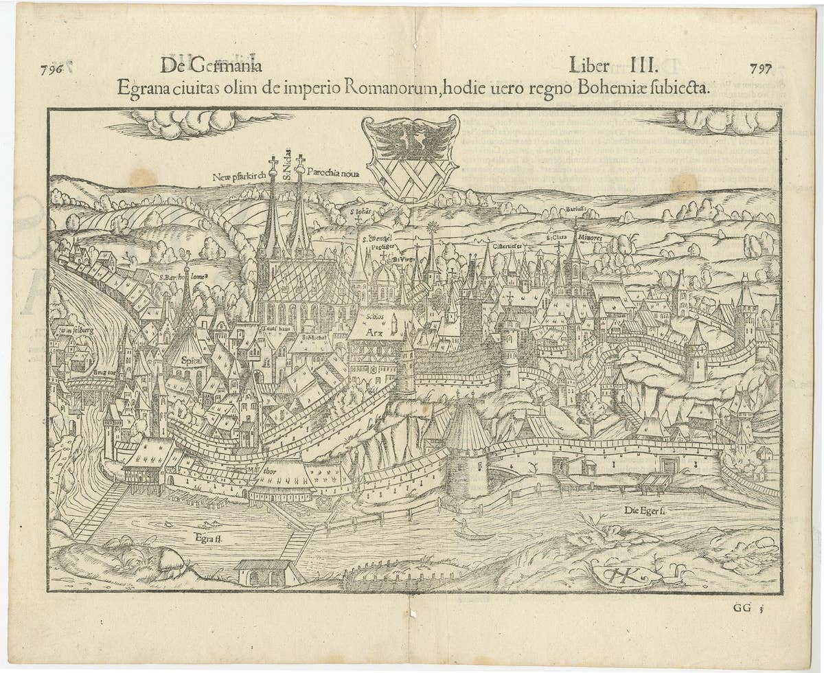 Antique Print with a View of the City of Eger 'Cheb' by Münster '1554'