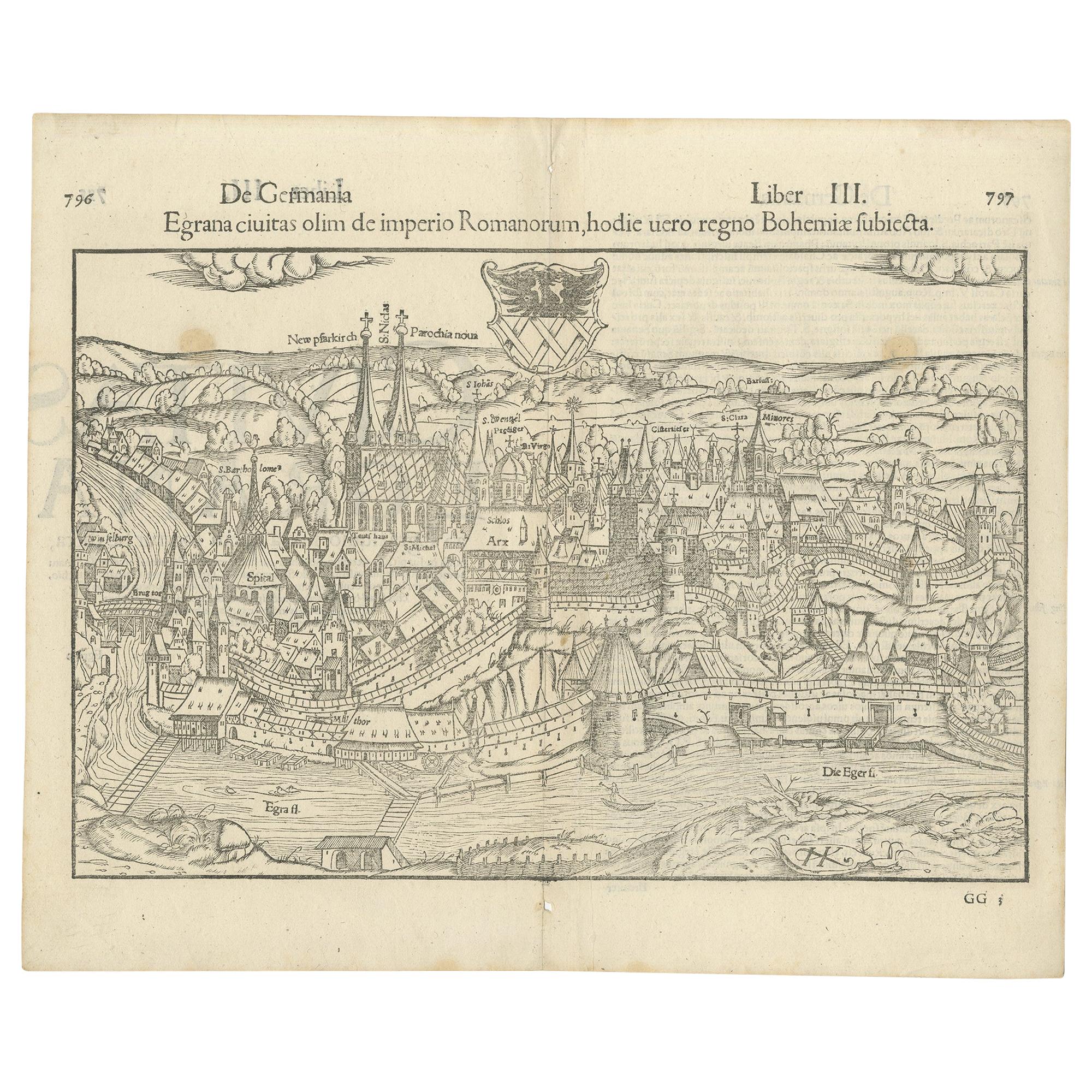 Antique Print with a View of the City of Eger 'Cheb' by Münster '1554' For Sale