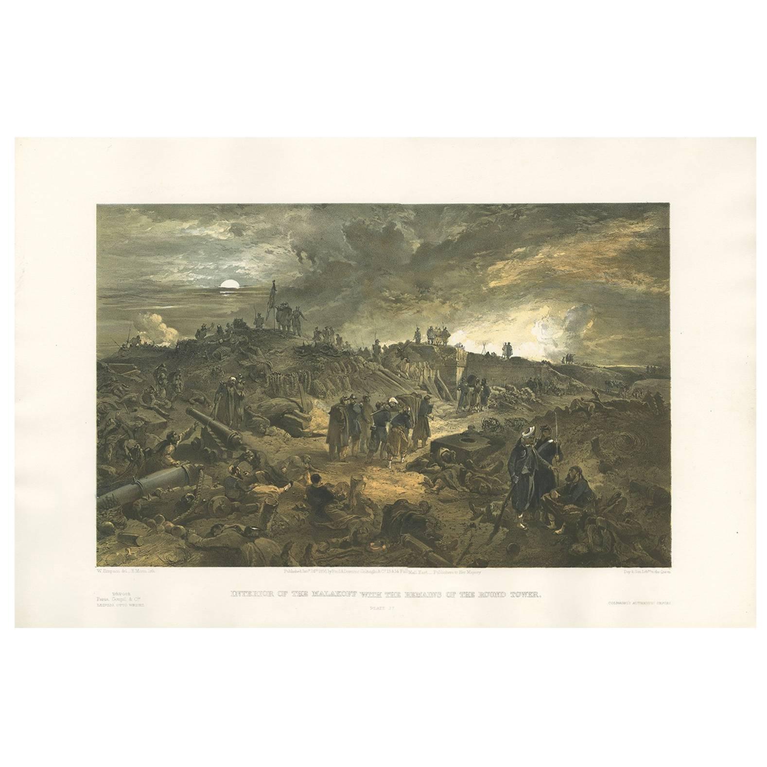 Stampa antica con veduta del Malakoff 'Guerra di Crimea' di W. Simpson, 1855 in vendita