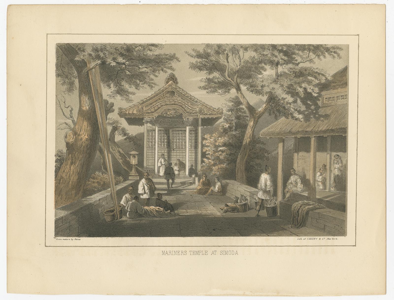 Description: Antique print titled 'Mariners Temple at Simoda‘. 

View of the mariners temple in Shimoda, Japan. 

This print originates from 'Narrative of the expedition of an American squadron to the China seas and Japan, performed in the years