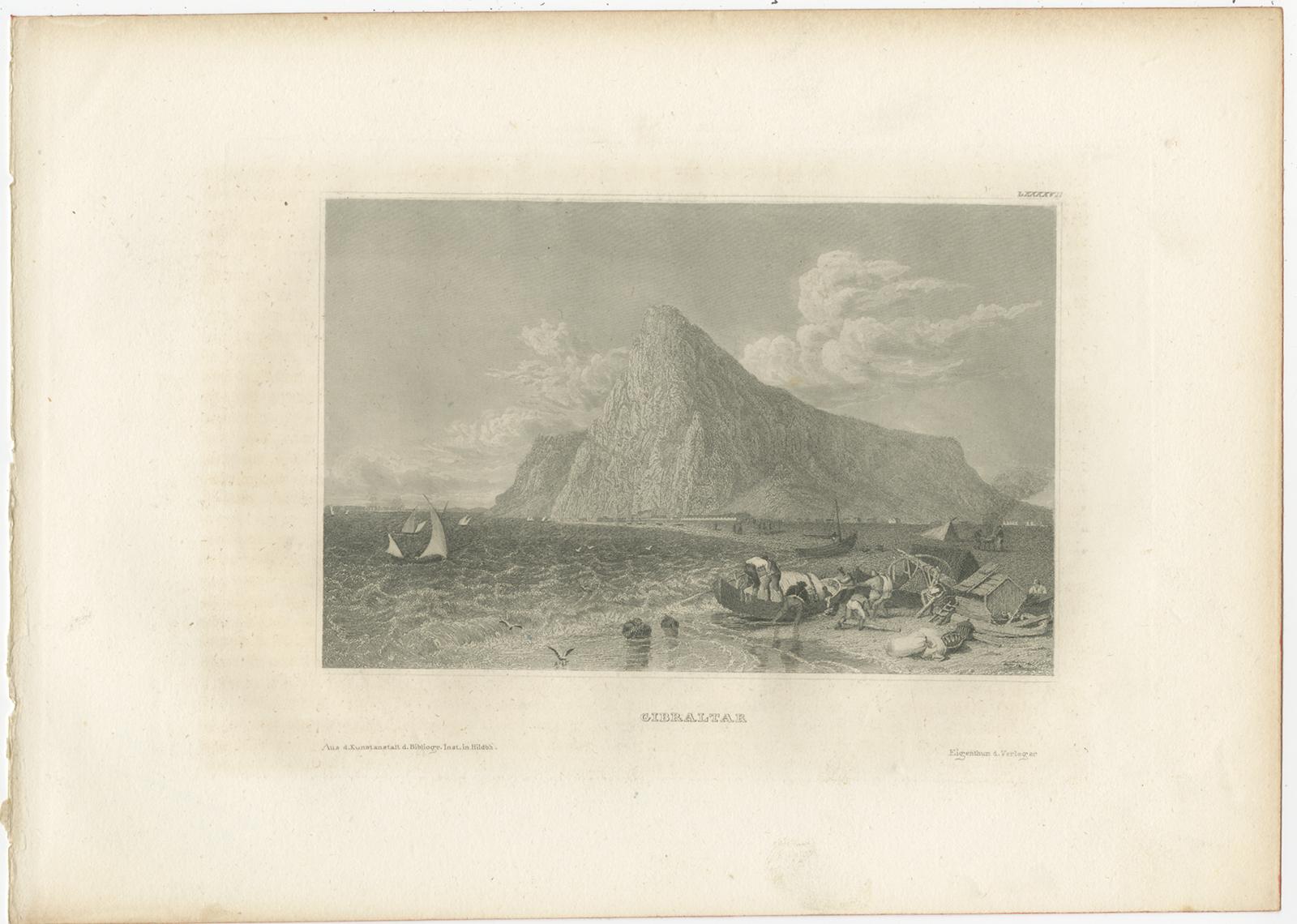Antique print titled 'Gibraltar'. View of the rock of Gibraltar. Originates from 'Meyers Universum'. Published circa 1840. 

Joseph Meyer (May 9, 1796 - June 27, 1856) was a German industrialist and publisher, most noted for his encyclopedia,
