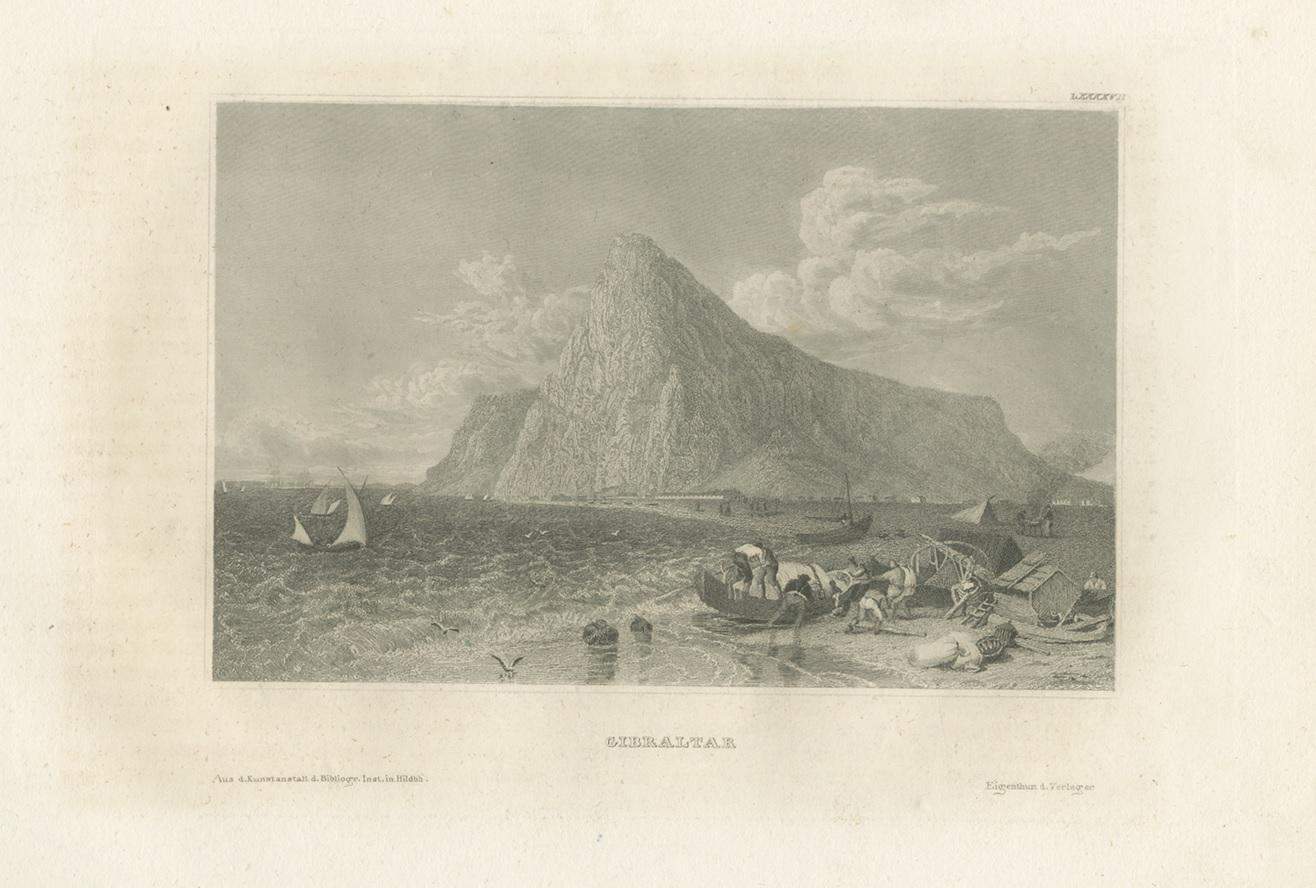 Antiker Druck mit Blick auf den Felsen von Gibraltar im Zustand „Gut“ im Angebot in Langweer, NL
